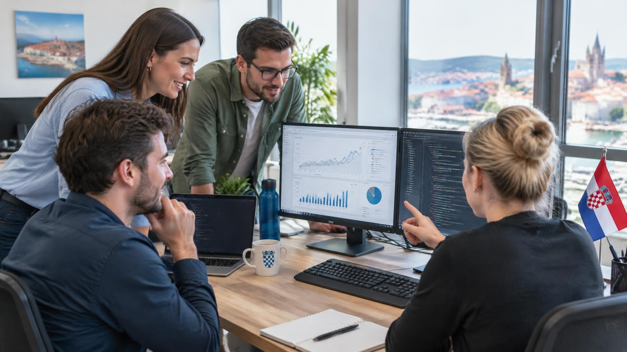 Group of Croatian software developers collaborating around a desk in a bright office